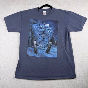 Graphic T Shirt Wolf Dreamcatcher Blue Unisex Size L Spiritual Nature
